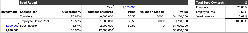 Cap table after a $1M seed raise on a $5M pre-money valuation